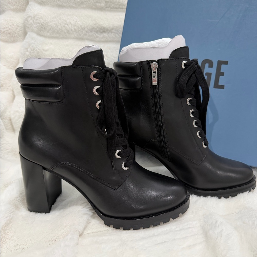 [NWT] PAIGE Nicole Black Leather Lace-Up Boots Block Heel | Women's 9.5